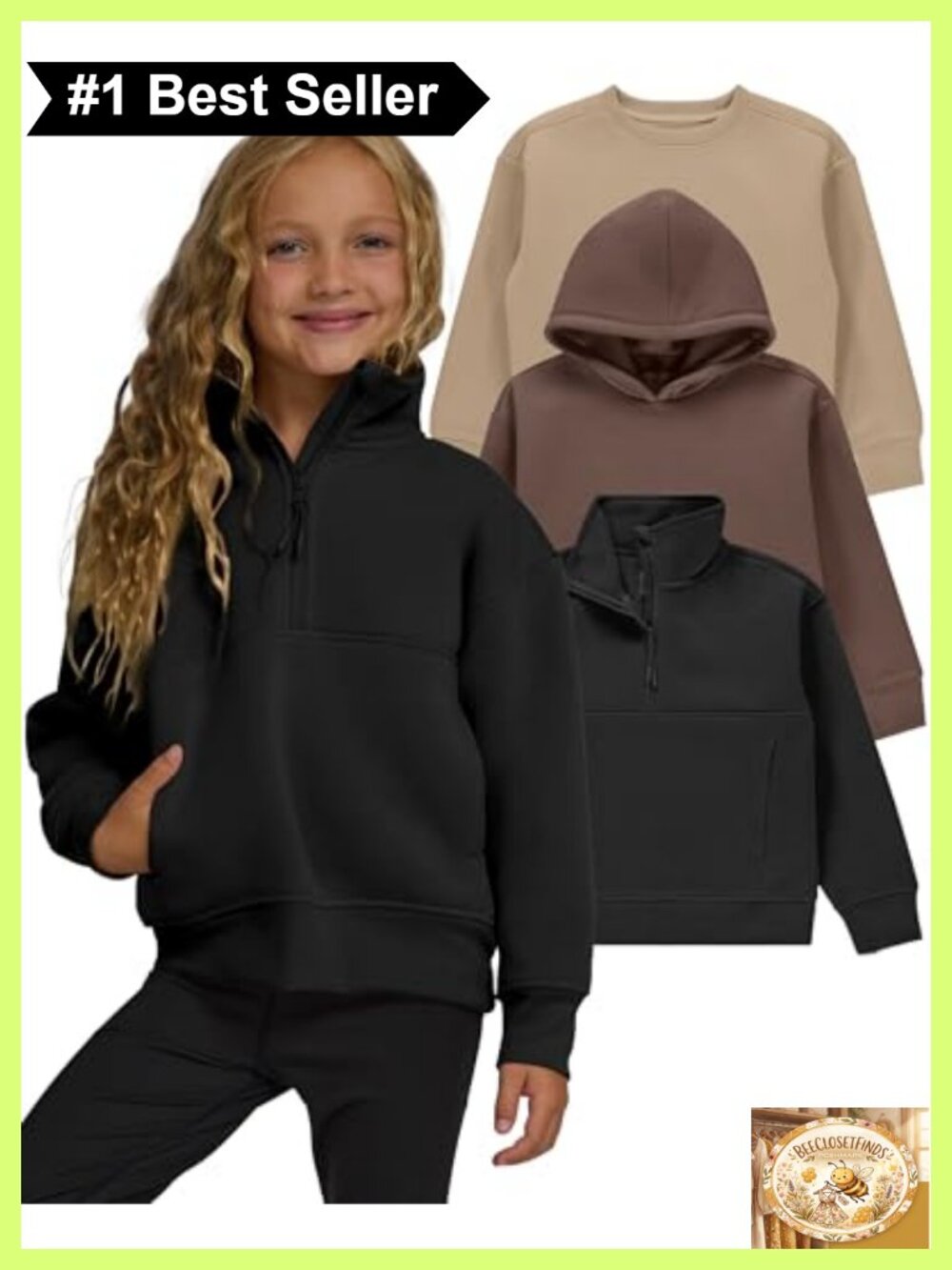 Girls 3-Pack Fleece Sweatshirts Hoodie Crewneck Quarter Zip Pullover Set